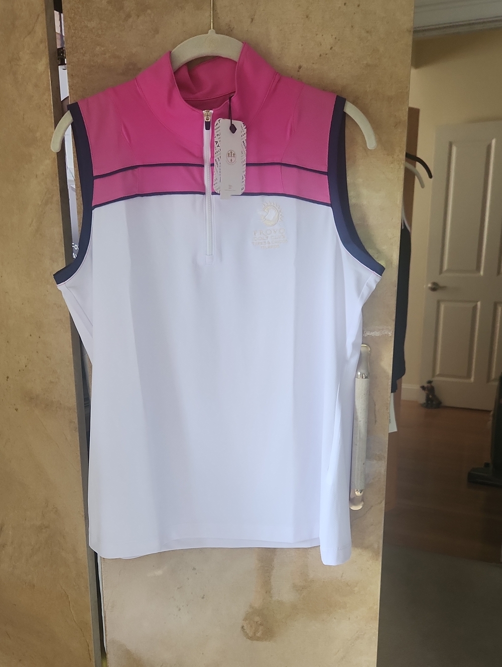 NWT- EP Pro White and Pink Sleeveless Golf Top with Navy Trim